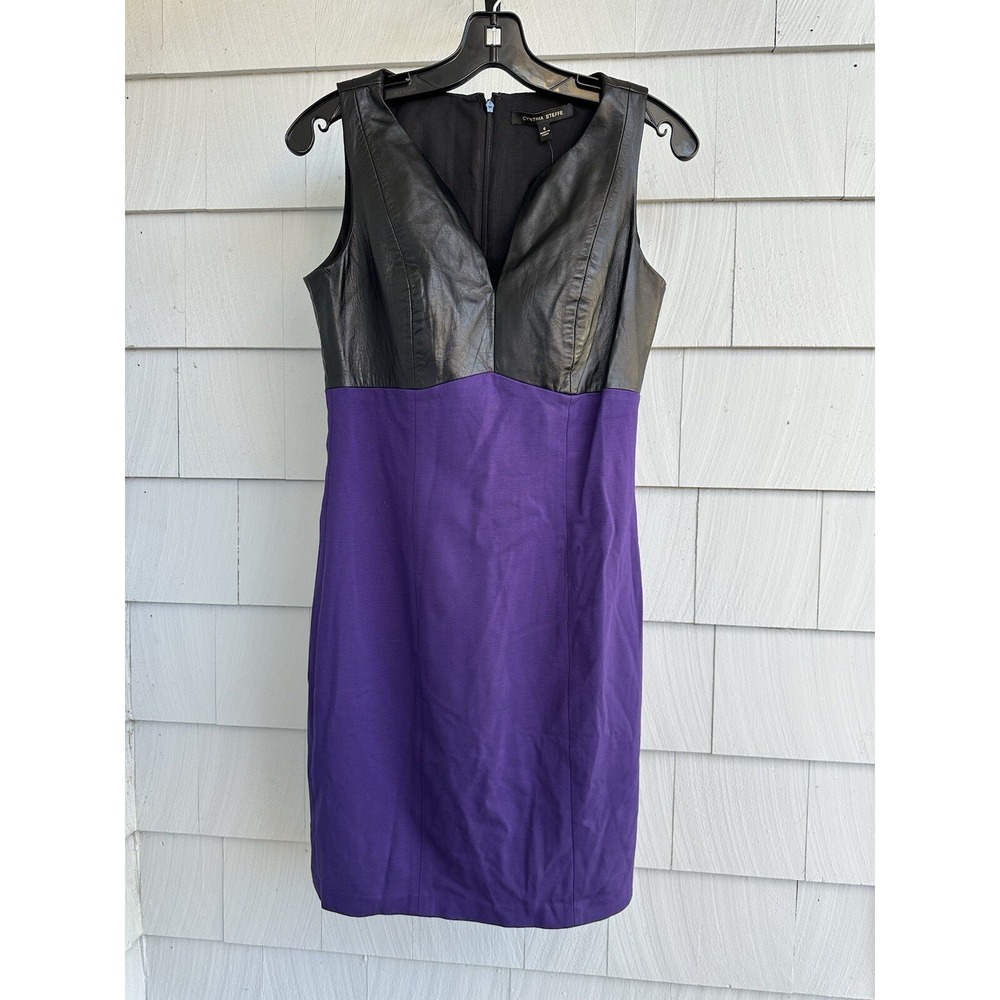Cynthia Steffe Bodycon Purple Dress Black Leather Bodice Rayon Blend Body Sz 6
